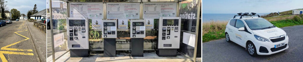 Cornwall Council - restricted parking area in a street with zigzag yellow lines - mobile camera car parked with the sea in the background - parking ticket machines