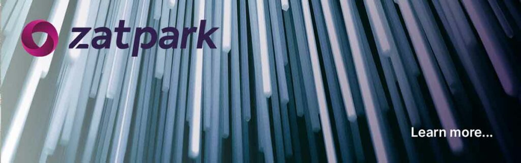 ZatPark - parking control management permit - light bars coming down on a black background - learn more