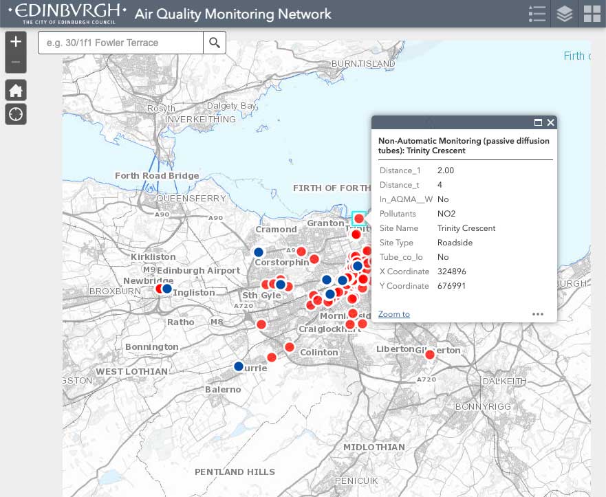 Edinburgh air quality monitoring map