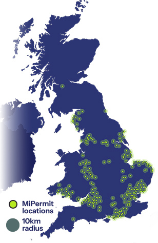 Map of the UK showing MiPermit parking locations